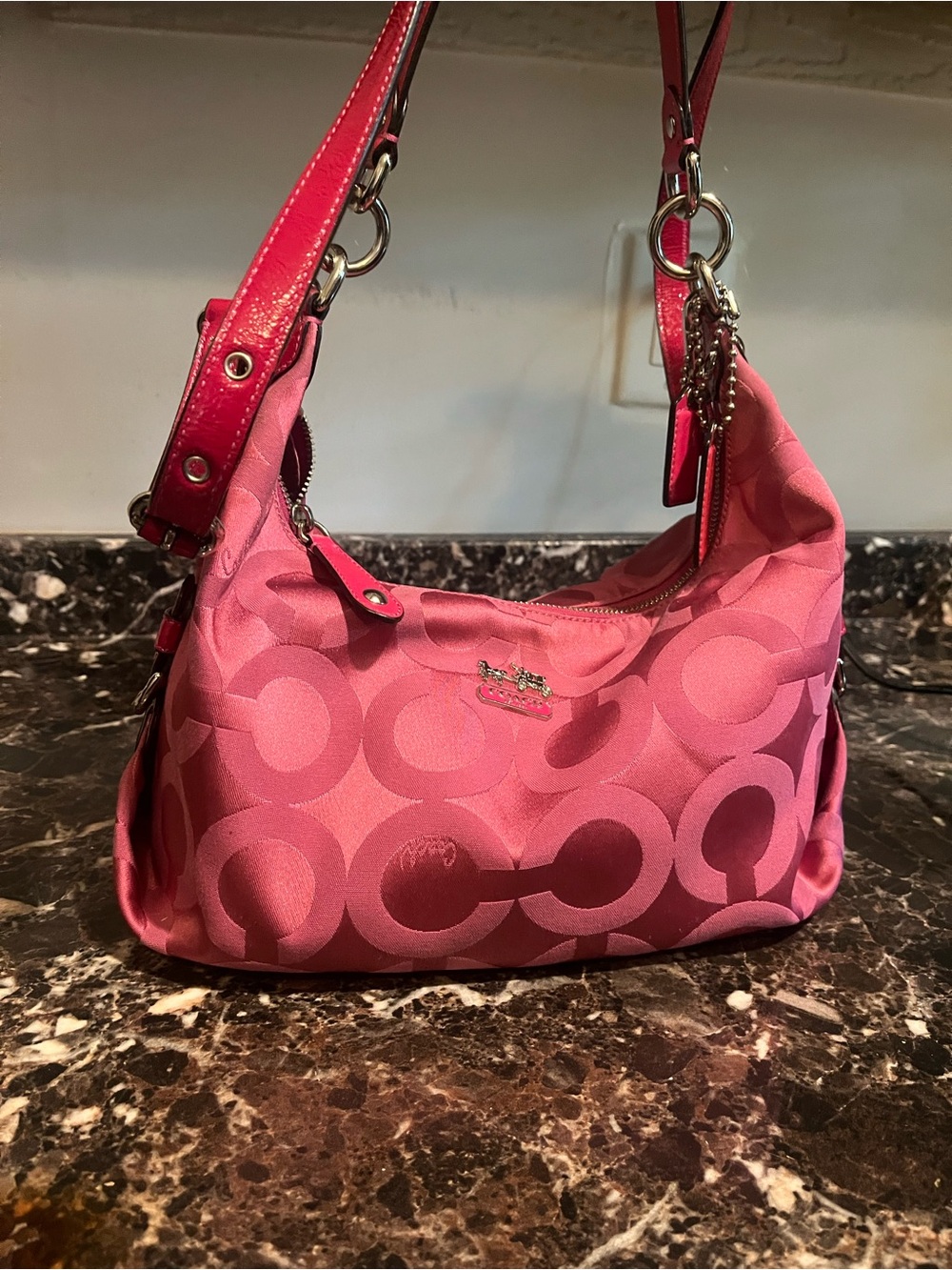 Coach Pink Signature Satin Shoulder Bag with Leather Trim